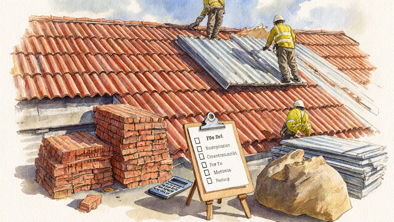 Акварельная картина крыши в процессе строительства с материалами и контрольным списком.