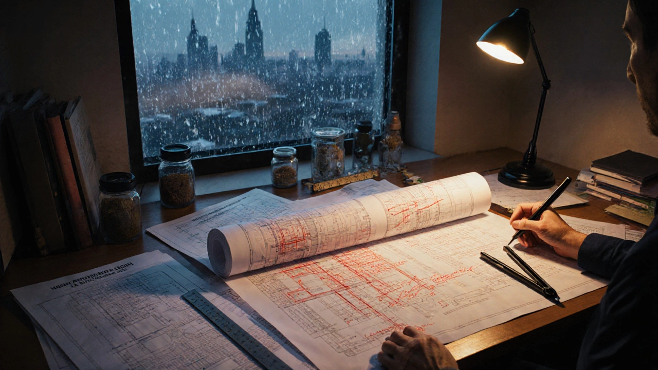 Архитектор изучает проект дома с расчётами нагрузок для северо-западного региона России.