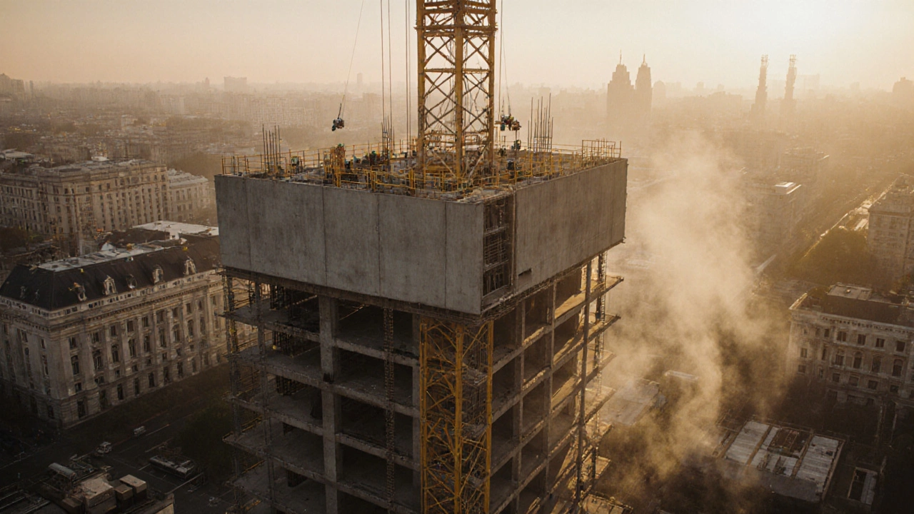 Башенный кран поднимает бетонную панель над строящимся высотным зданием в российском городе.