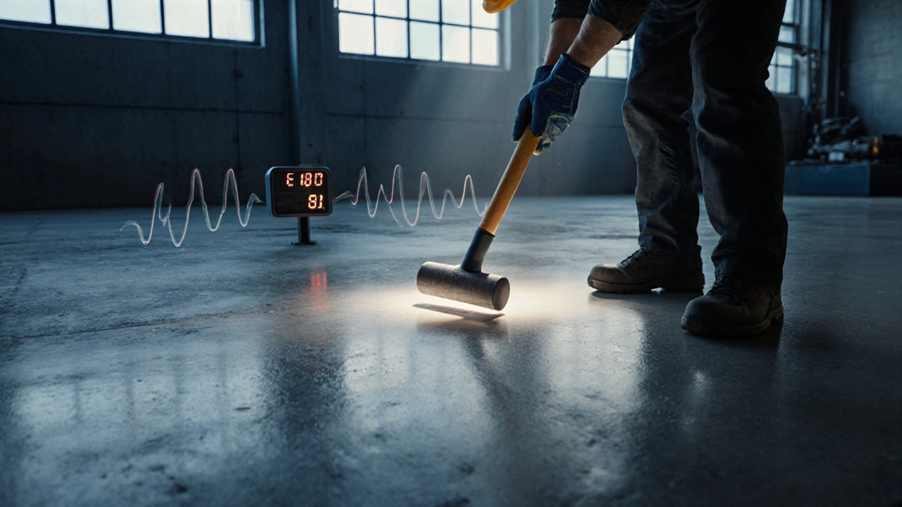 Человек стучит молотком по готовому бетонному полу, измеряя прогиб.