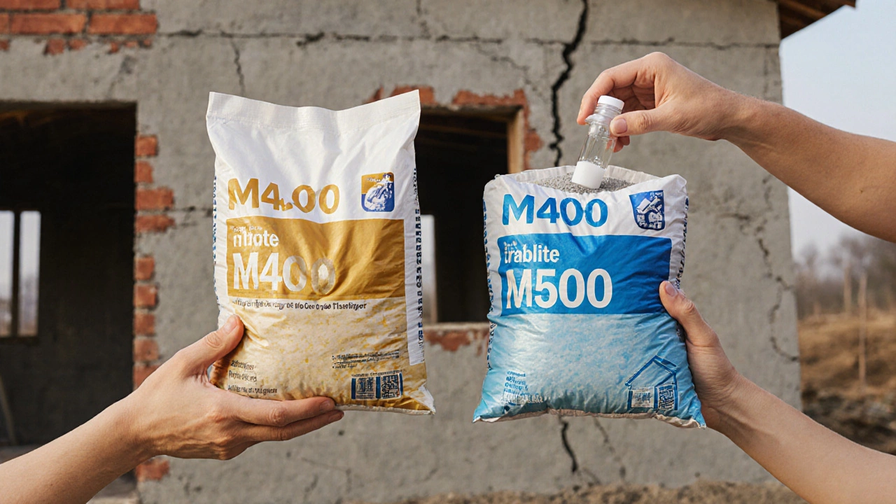 Две мешка с цементом М400 и М500, рядом — добавка пластификатора, фон — частично построенное здание с трещинами.