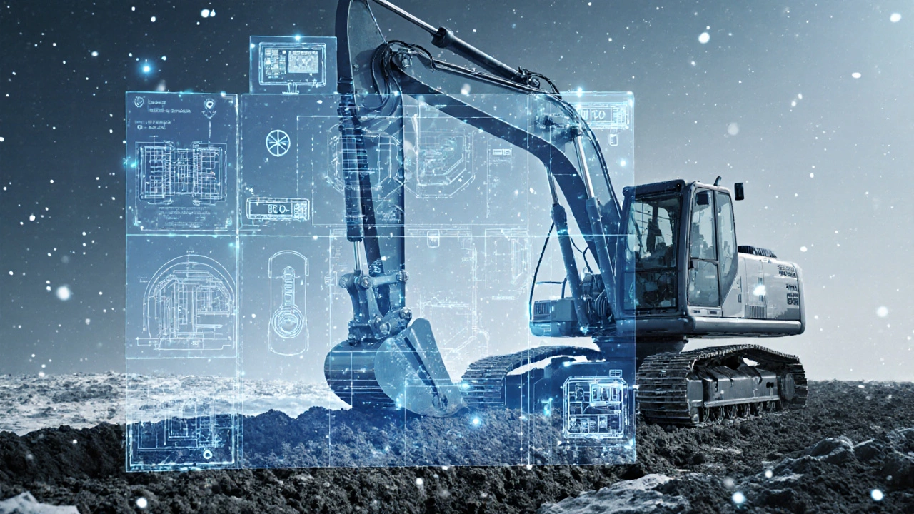 Гиперреалистичная сцена с автономной техникой и цифровыми проекциями на строительной площадке в зимних условиях.