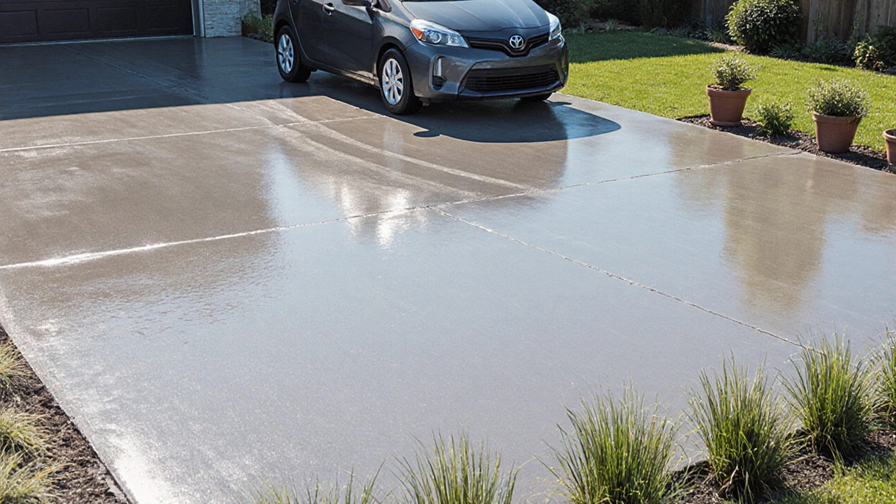 Гладкая бетонная площадка во дворе, по которой едет автомобиль.