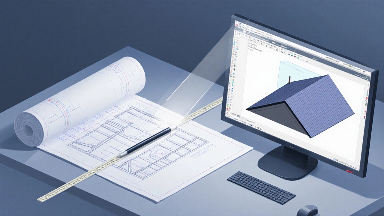 Изометрическое изображение рабочего места с чертежом и 3D‑моделью крыши в SketchUp.