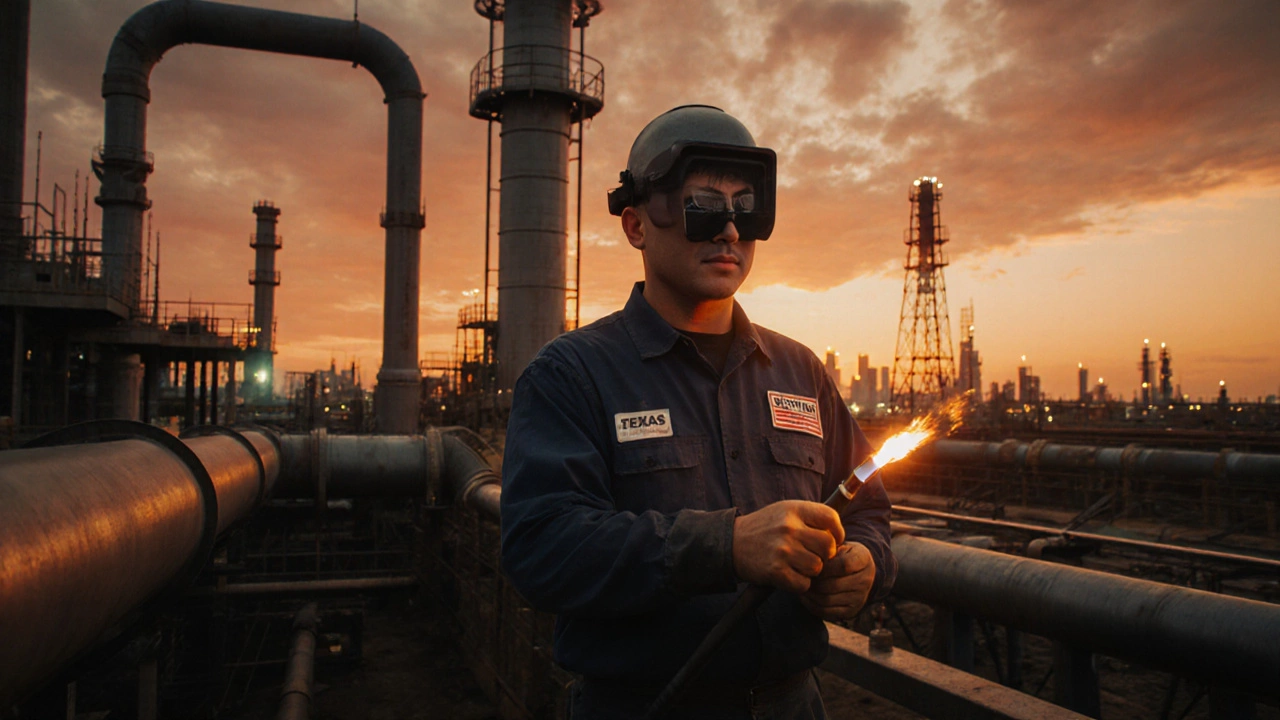 Опытный сварщик на нефтеперерабатывающем объекте в Техасе на закате.