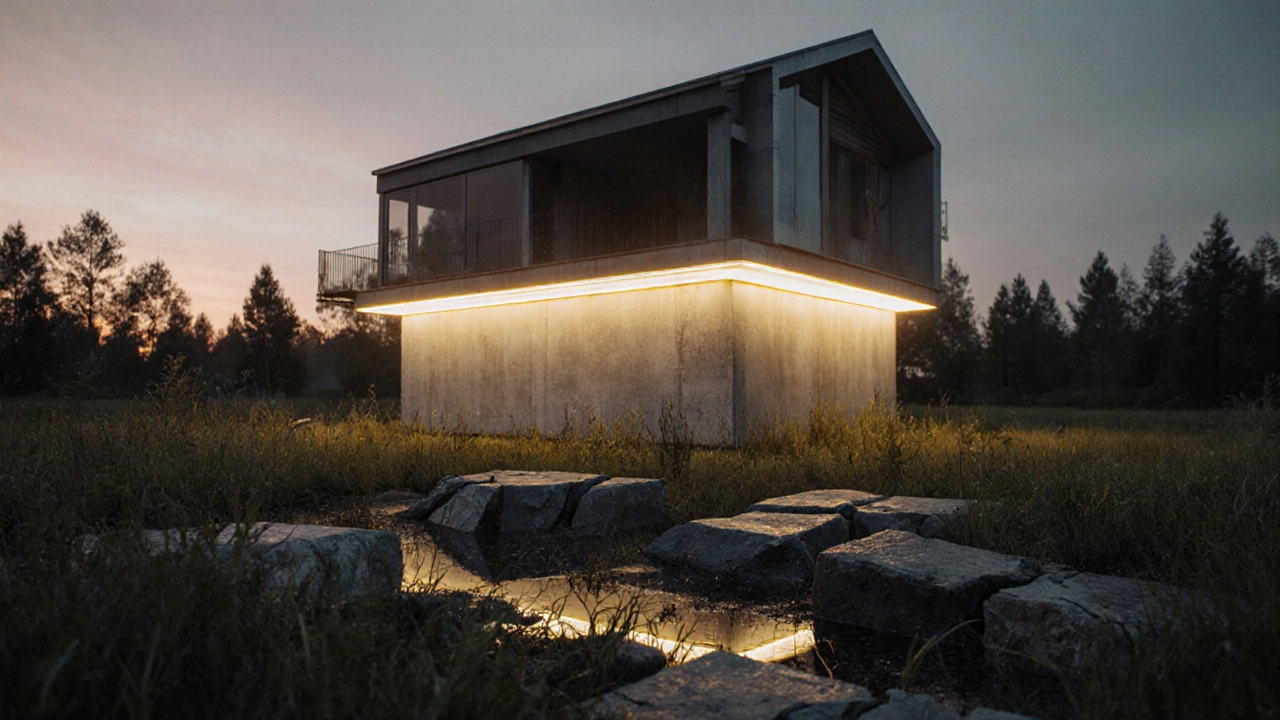 Прочный фундамент дома с золотым сиянием на фоне разрушенных дешёвых оснований, символизирующих риск экономии.