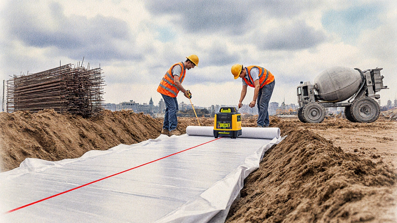 Рабочие измеряют ровность фундамента лазерным нивелиром, под плитой геотекстиль.