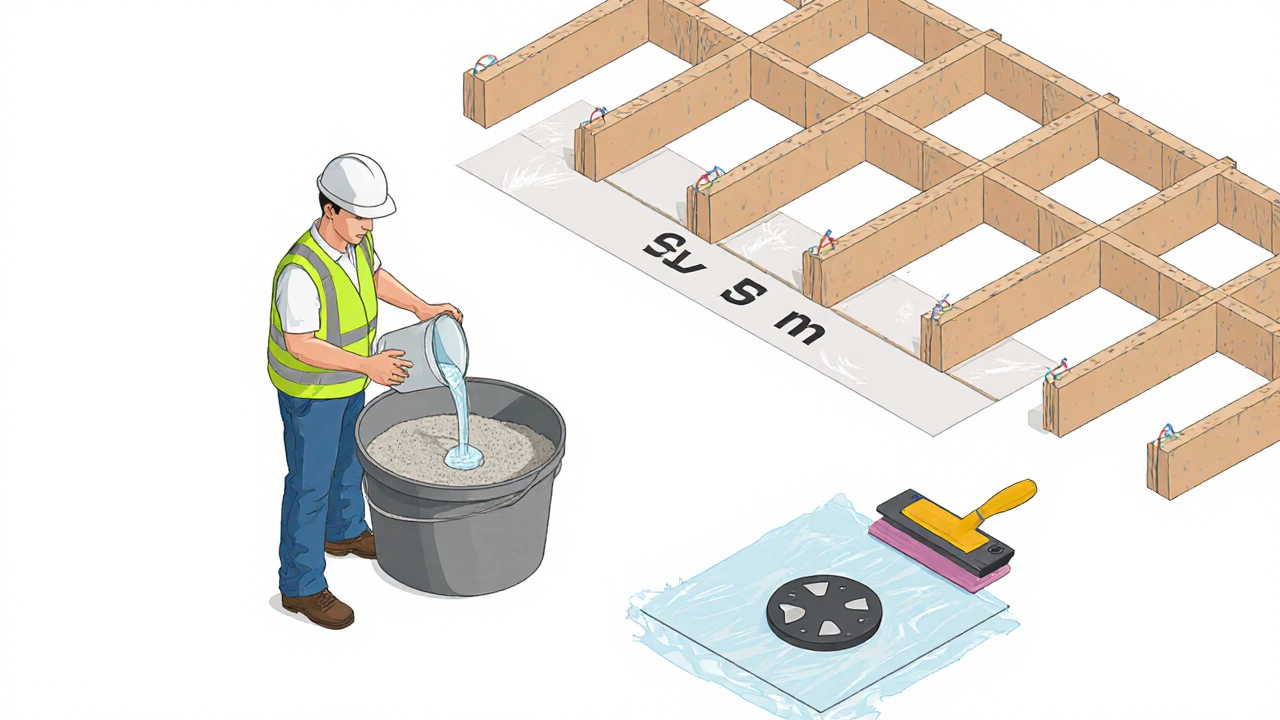 Рабочий готовит смесь для стяжки, измеряя воду и сыпя цемент и песок.