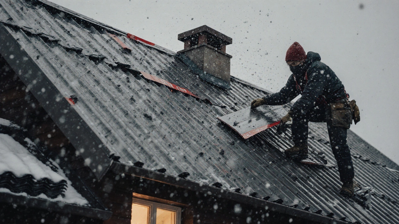 Рабочий монтирует металлочерепицу на крутой крыше в снежную погоду, рядом лежат запасные листы с пометкой 15%.