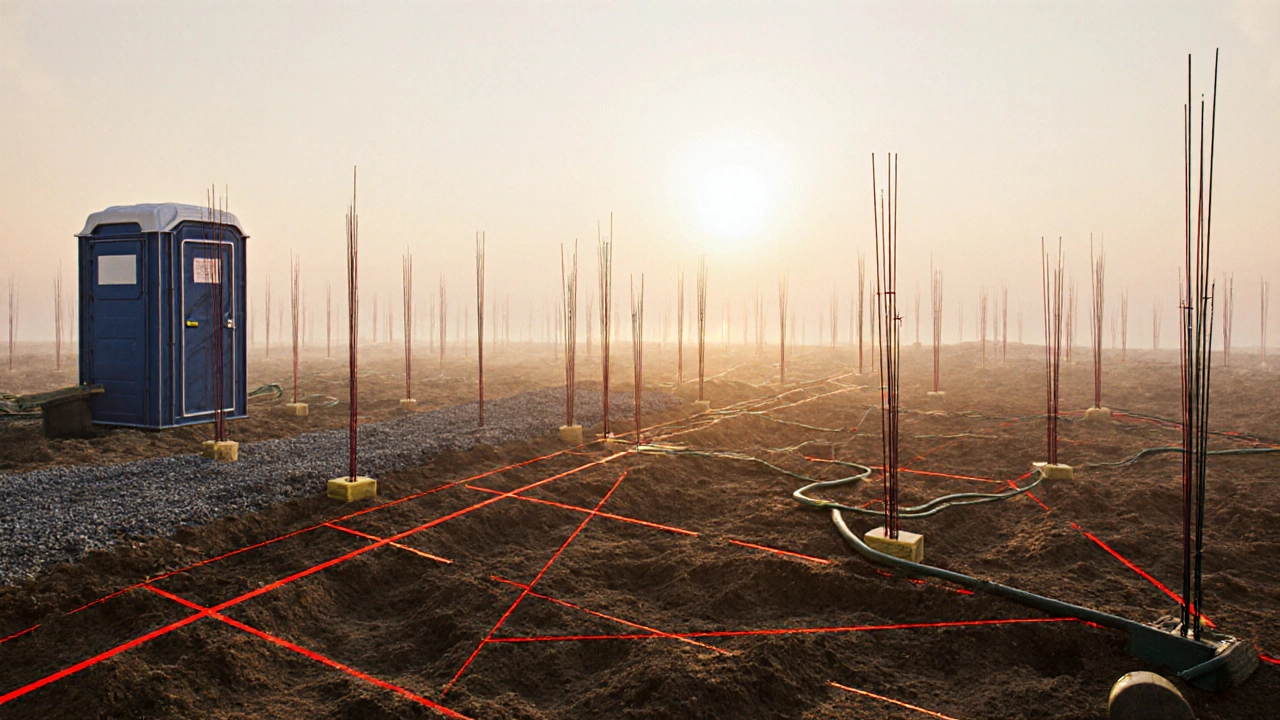 Разметка участка лазерным нивелиром перед началом строительства, вид с утра, туман и временные коммуникации.