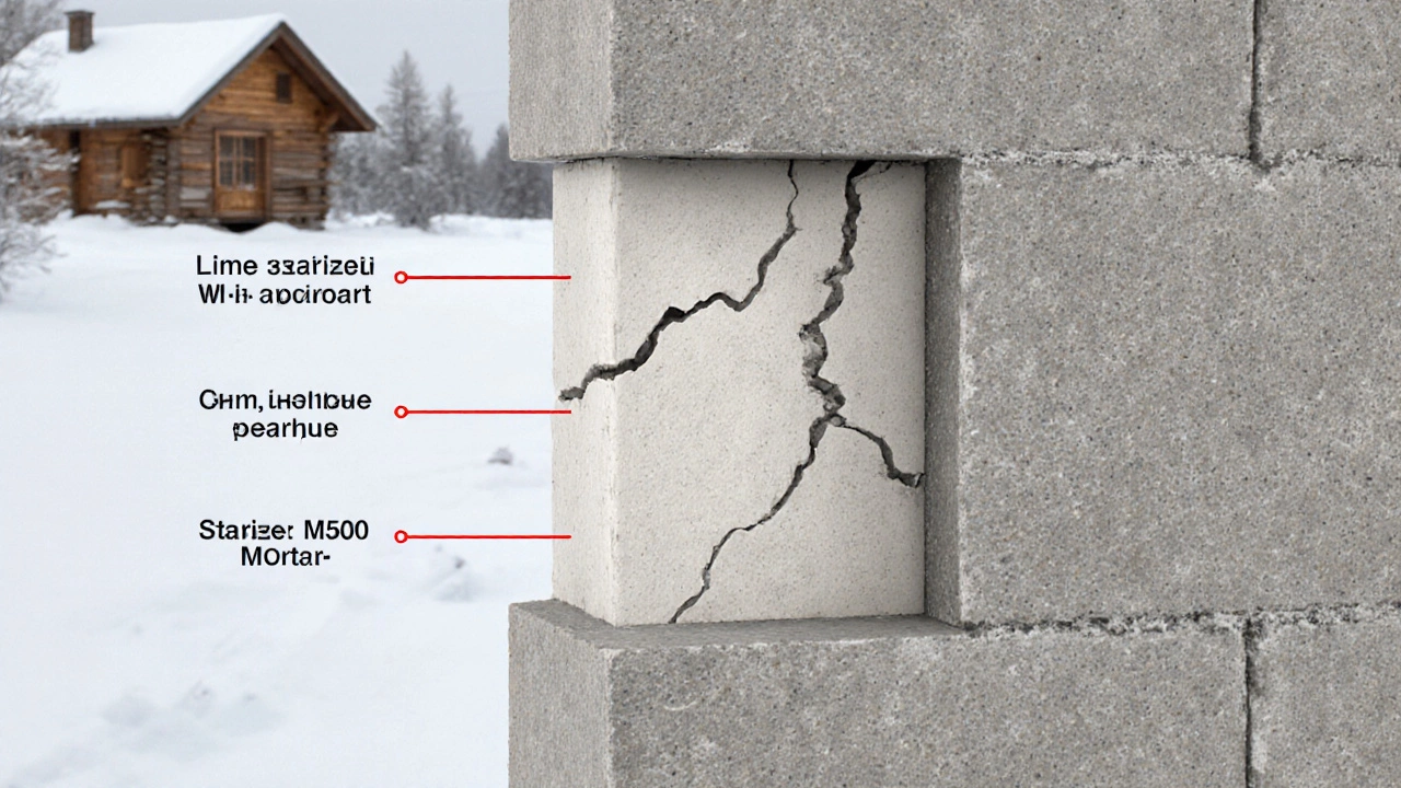 Разрез стены из газобетона с эластичным известковым раствором и треснувшим жестким раствором рядом.