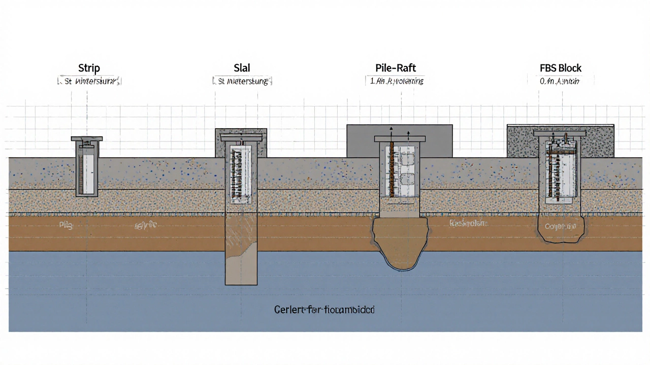 Схематичное сравнение четырёх типов фундаментов с указанием глубины промерзания и слоёв грунта.