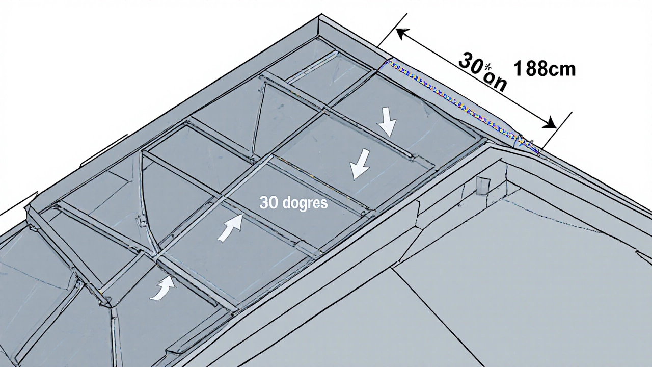 Сложная крыша разбита на геометрические фигуры с указанием уклона и полезной ширины листа.
