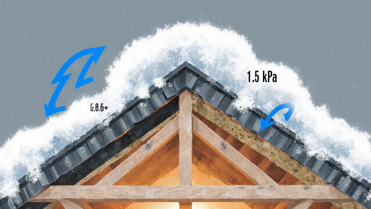 Срез крыши с снегом и ветровыми стрелками, показывающий нагрузки.