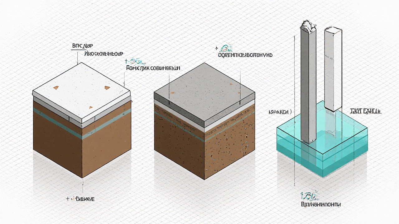 Три типа фундаментов (ленточный, плитный, свайный) рядом с указанием высот.