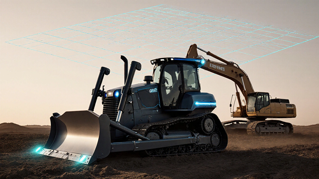 Автономный электрический бульдозер движется по стройплощадке с цифровыми линиями GPS.