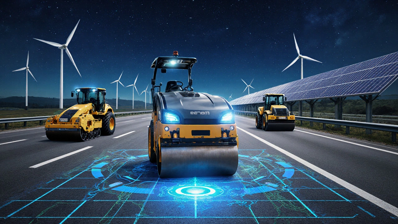 Автономный электрический каток с GPS-навигацией работает на дороге в ночное время.