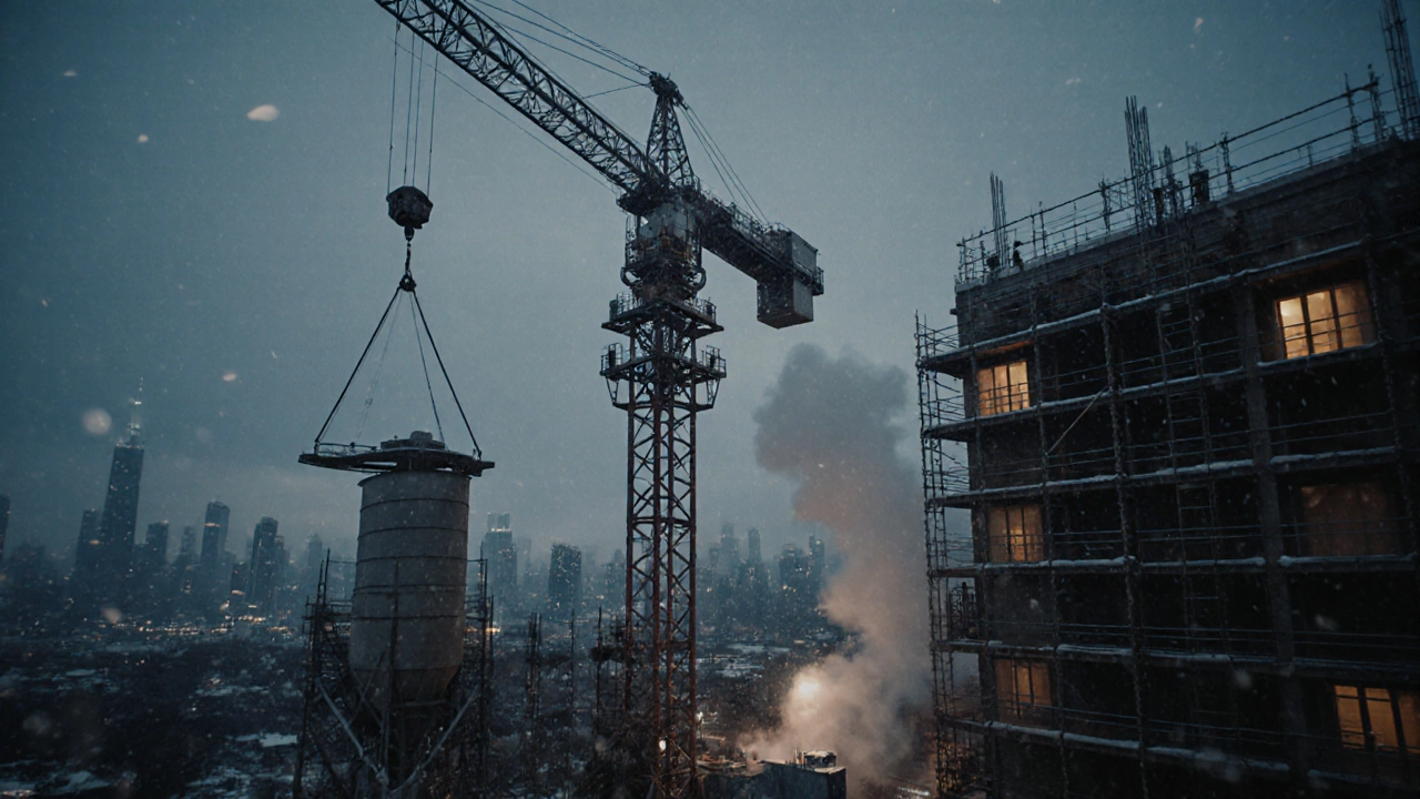 Башенный кран поднимает стальные балки на стройке многоэтажного здания зимой.