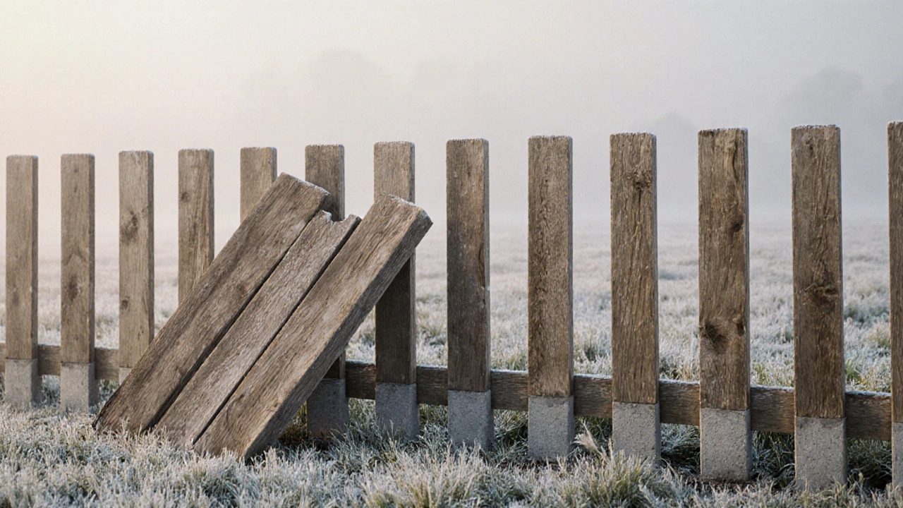 Деревянный забор с зазорами между досками на бетонных опорах в морозный день в Петербурге.
