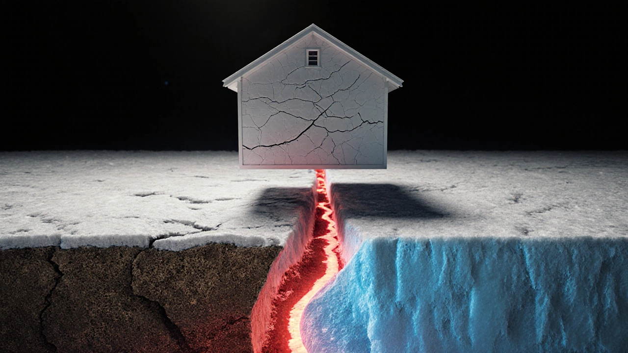 Дом с трещинами над мелким фундаментом на фоне пучения грунта, рядом — безопасный глубокий фундамент.