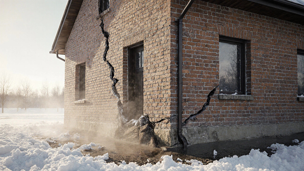 Дом с трещинами в стенах и перекошенными дверями на фоне тающего снега и просевшего фундамента.