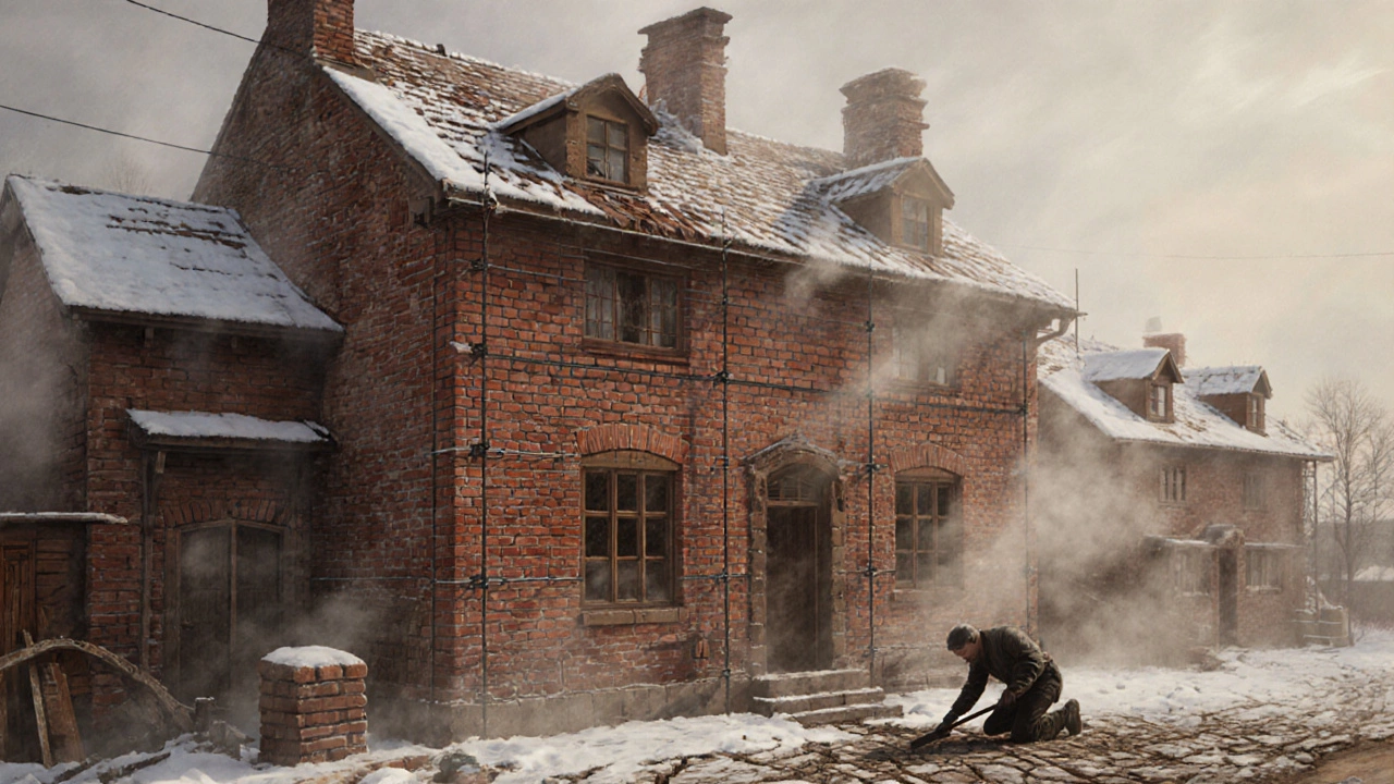 Кирпичный дом в Санкт-Петербурге с кладкой и паром из окон в осенний день.