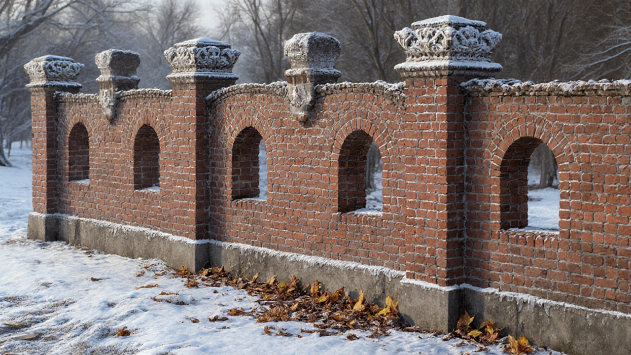 Кирпичный забор с декоративными элементами на фоне осенних листьев и замерзшей земли.