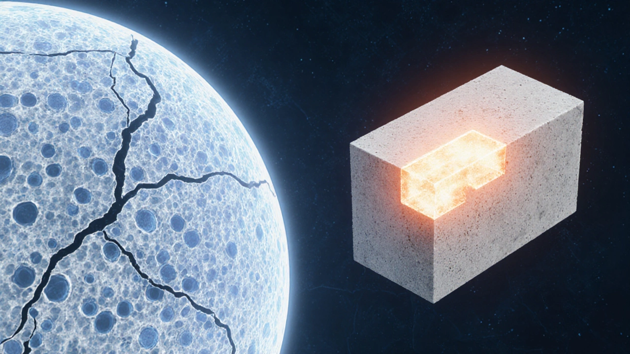 Микроскопический вид бетона с порами из-за избытка цемента и воды.