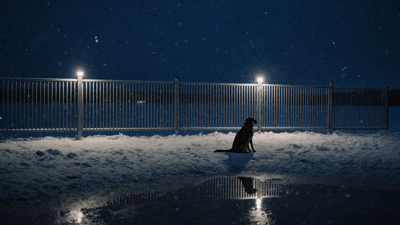 Ночной вид прочного металлического забора на берегу озера под снегом.