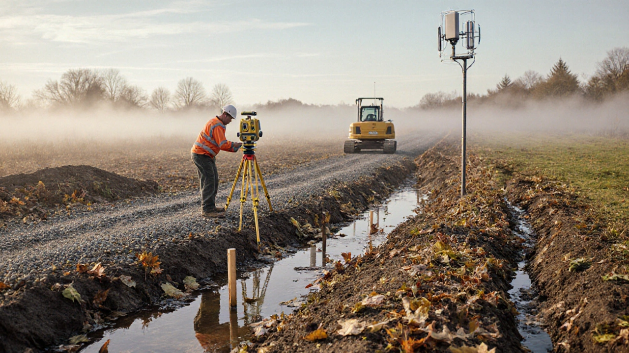 Разметка участка колышками, где вода собирается в низинах, рядом — временная дорога и антенна.