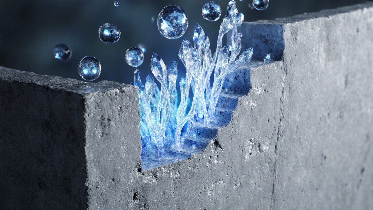 Разрез бетона с кристаллическими структурами, заполняющими поры и отталкивающими воду.