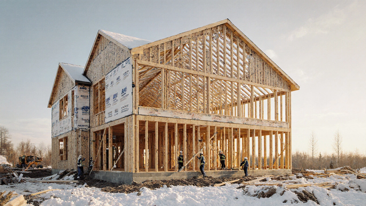 Сборка деревянного каркасного дома с утеплением и обшивкой в Ленинградской области.