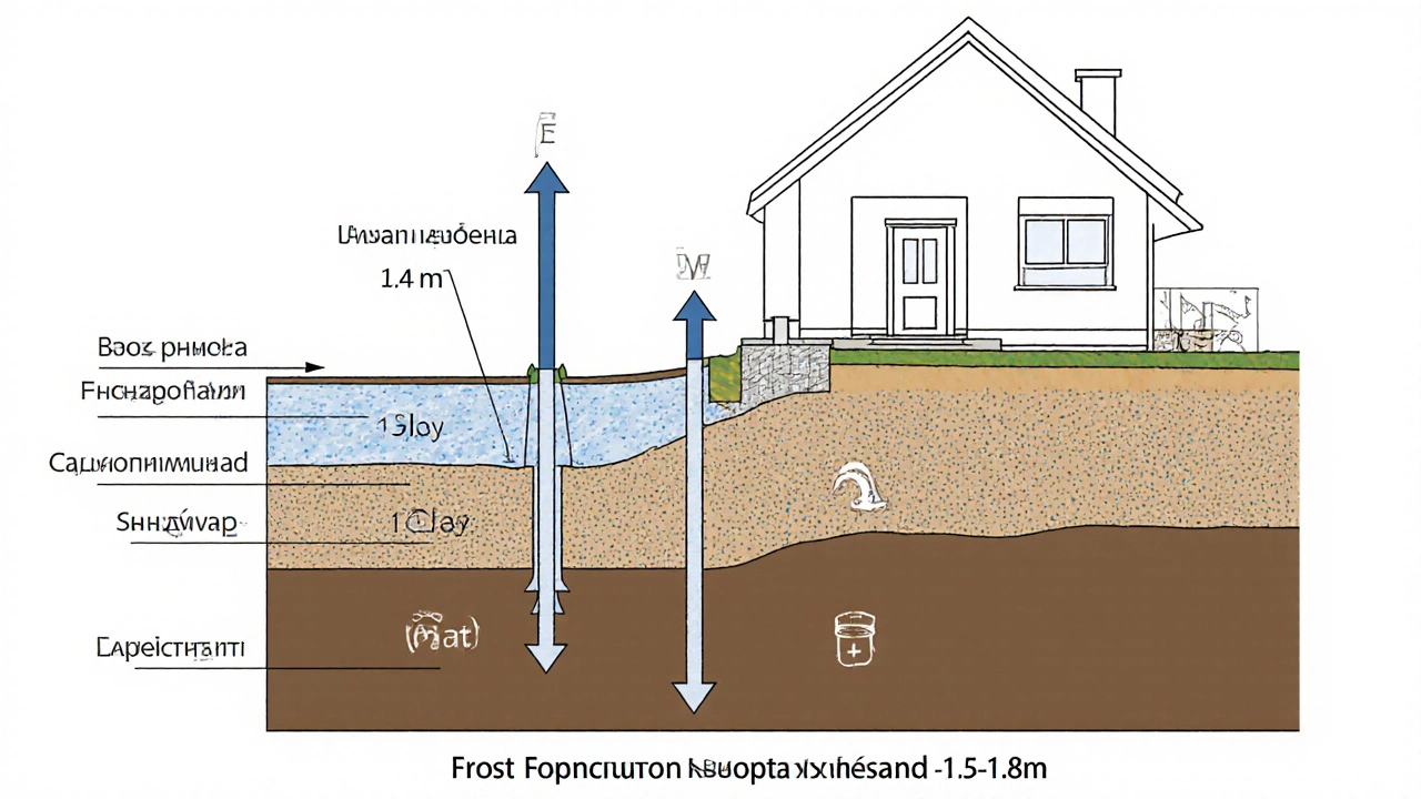 Схема поперечных сечений грунтов с глубиной промерзания и заложения фундамента в Ленинградской области.