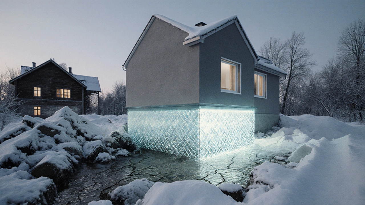 Современный дом с водонепроницаемым фундаментом против разрушающегося старого фундамента.