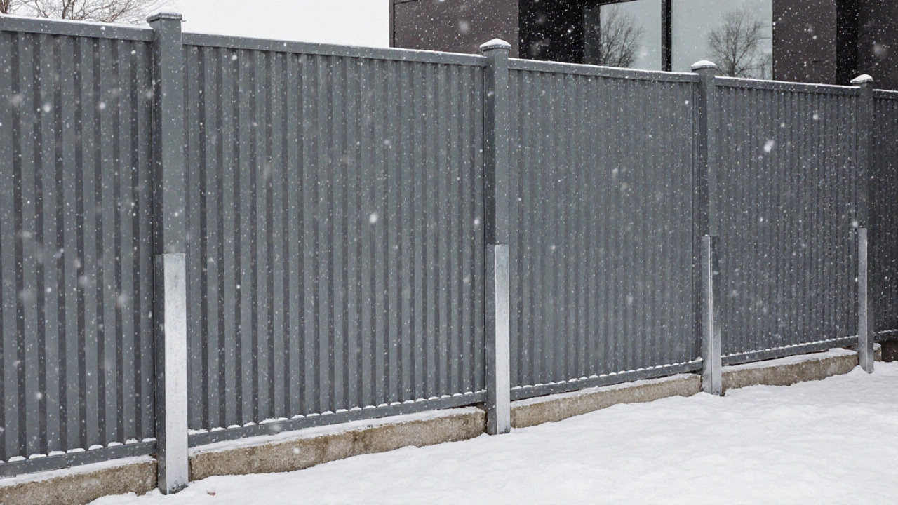 Современный забор из профлиста с полимерным покрытием под снежным небом, без ржавчины и повреждений.