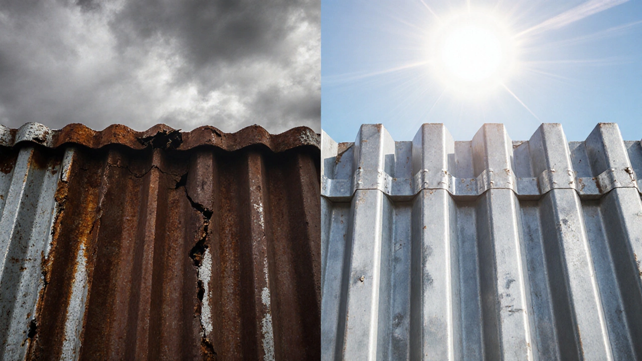 Сравнение: хрупкая ржавая конструкция слева и прочный стальной забор справа под солнцем.