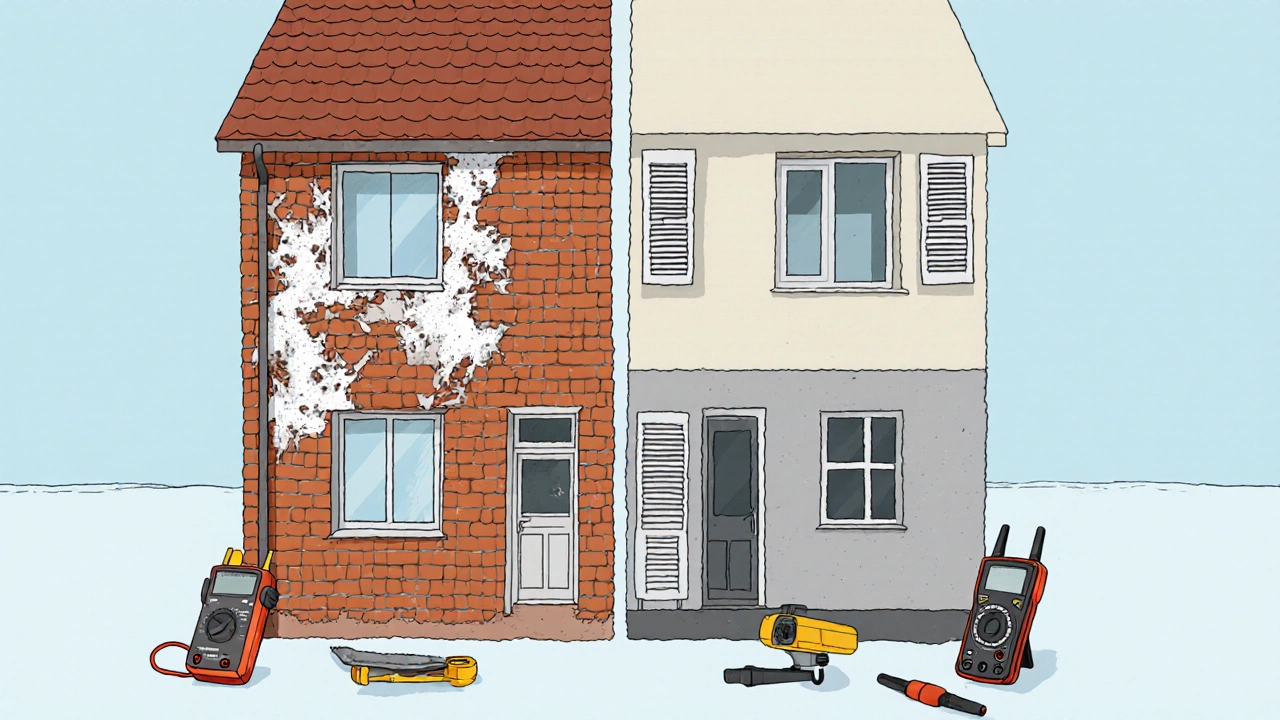 Сравнение поврежденного и правильно защищенного газобетонного дома.