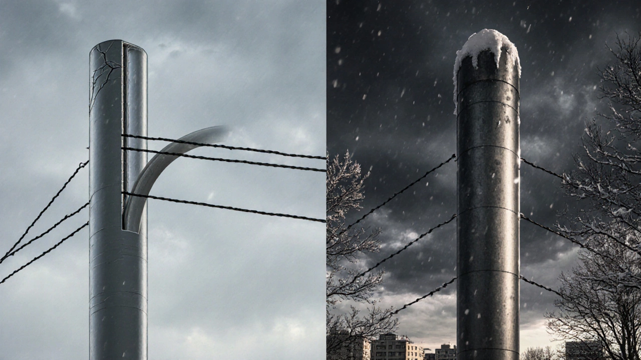 Сравнение тонкой и толстой трубы для забора: одна гнётся от ветра, другая стоит устойчиво.