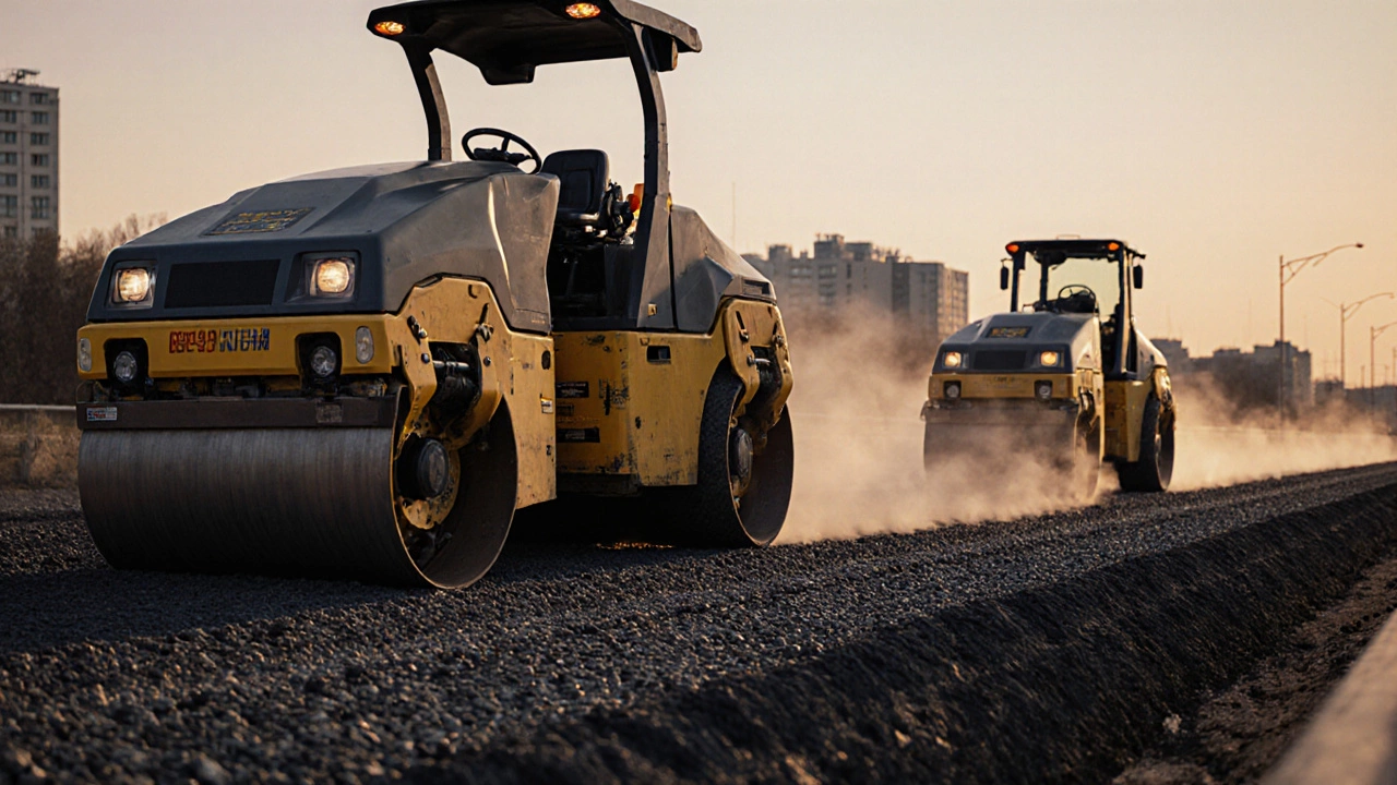 Виброкаток и пневмокаток уплотняют асфальт на шоссе, павер распределяет горячую смесь.