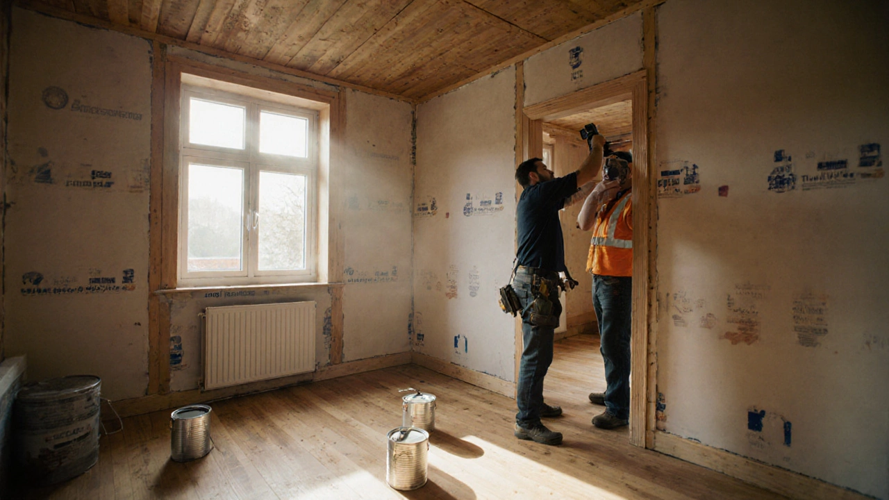 Внутри нового дома: техник проверяет утепление стен тепловизором, солнечный свет падает на пол.