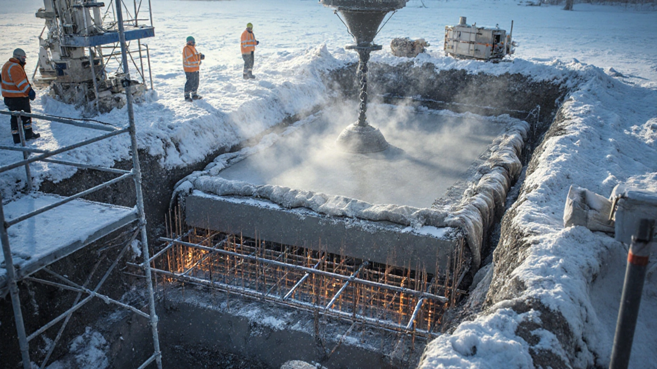 Заливка фундамента зимой в Ленинградской области: бетон подогревают, покрывая его теплыми покрытиями.