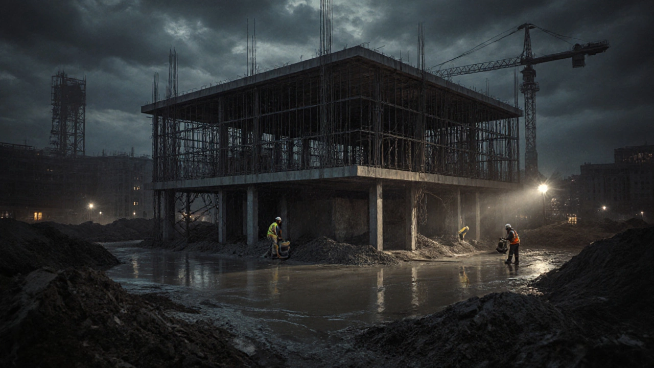 Заливка монолитного бетона с опалубкой и арматурным каркасом в российском городе.