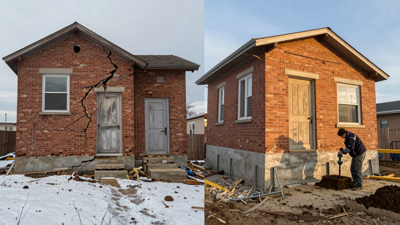 Дом с трещинами от пучения грунта слева и тот же дом с правильно устроенным фундаментом справа, на фоне снега и дождя.