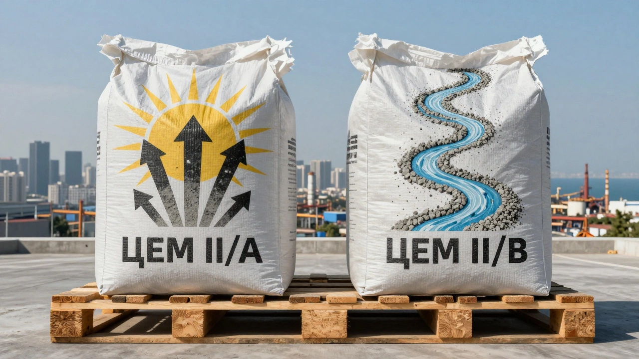 Два мешка цемента ЦЕМ II/A и ЦЕМ II/B с символами скорости и долговечности.
