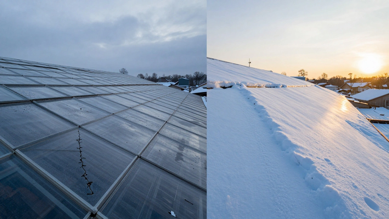 Два варианта навеса: слева — плоский с водой и трещинами, справа — с наклоном 20 градусов, снег уходит без задержек.