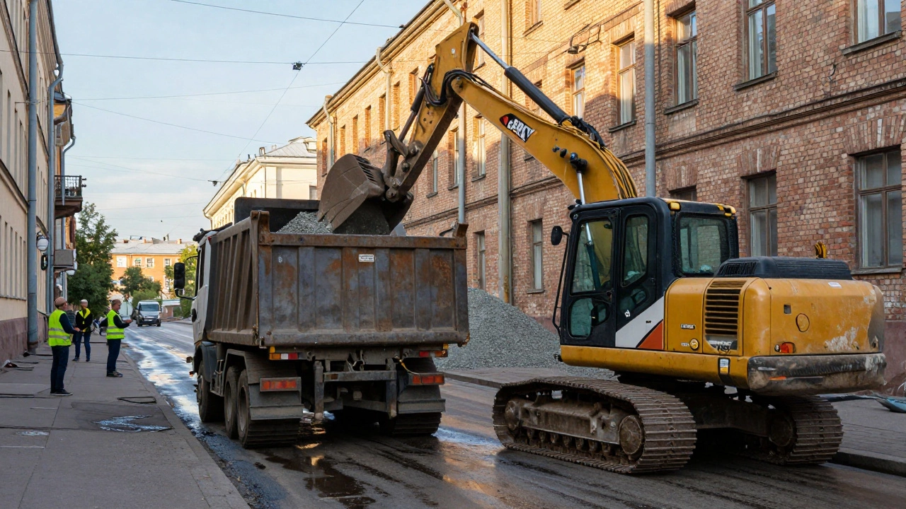 Экскаватор-погрузчик загружает щебень в самосвал на узкой улице Санкт-Петербурга.