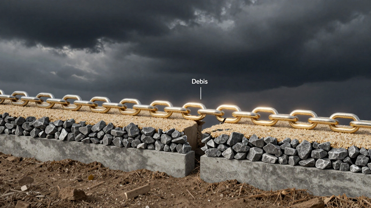 Фундамент как цепь: прочные звенья под бетоном и сломанное звено из глины.