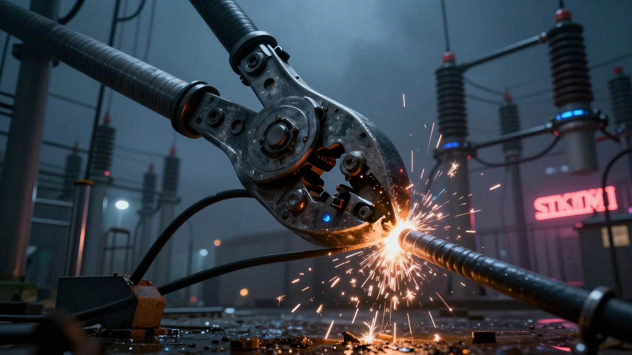 Гидравлический резак перекусывает толстый силовой кабель на подстанции.