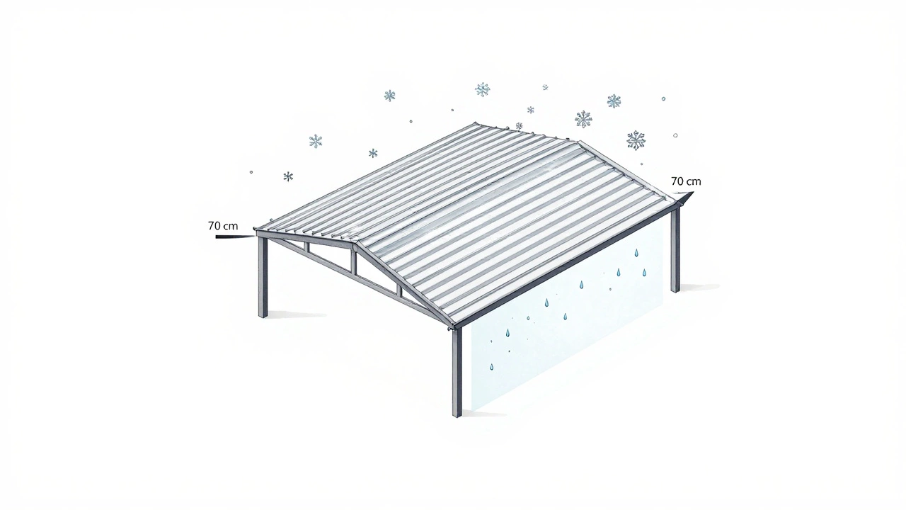 Изометрическая схема навеса длиной 4 метра с перепадом высоты 70 см, потоки воды и снега показывают уклон.
