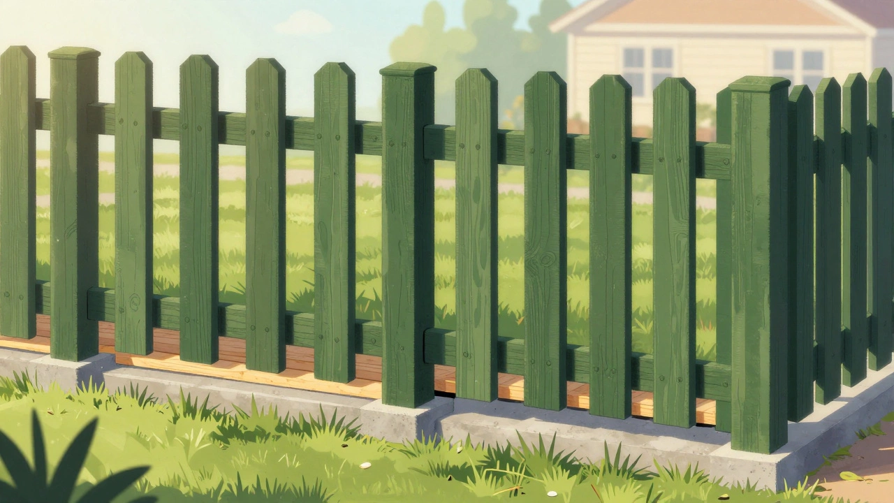 Качественный деревянный забор с зазором от земли и обработанными досками.